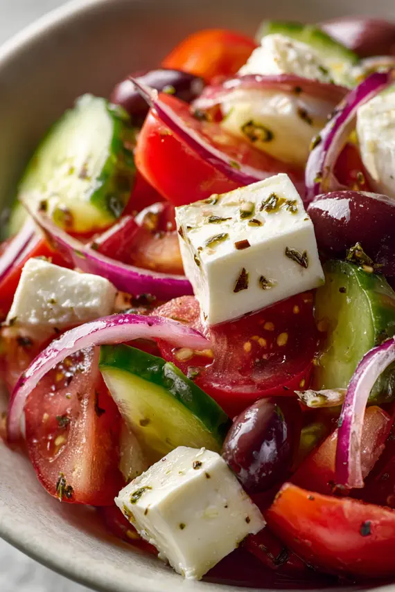 Finished horiatiki salad in a white bowl showcasing the vibrant colors of tomatoes, cucumber, olives, and feta cheese
