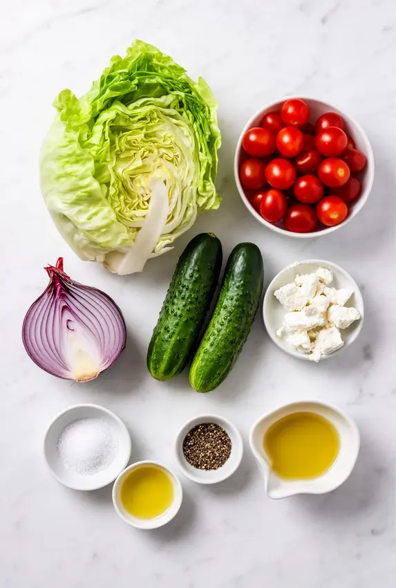 Fresh ingredients for iceberg lettuce salad arranged on a wooden cutting board