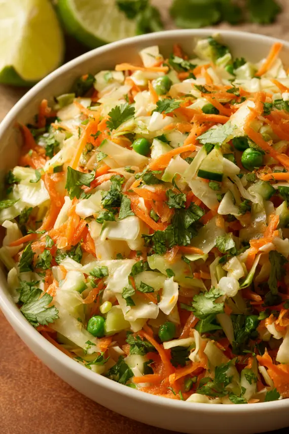 Indian Salad served in a white bowl with lime wedges and fresh herbs