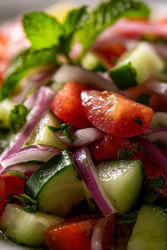 Jerusalem Salad served in a white bowl showing the vibrant colors of cucumbers, tomatoes, red onion, and fresh herbs