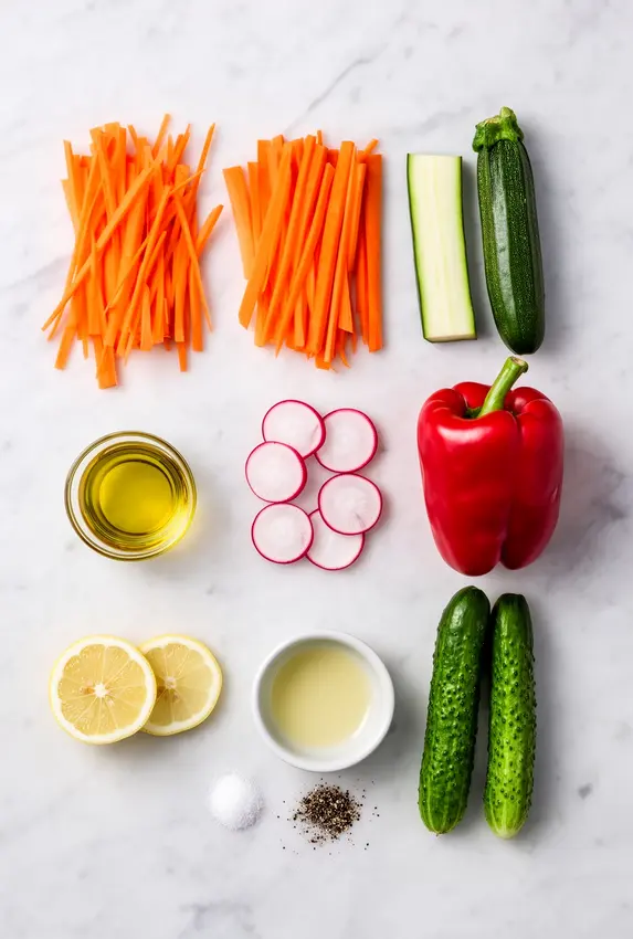 Julienne salad ingredients neatly arranged including carrots, zucchini, bell pepper, radishes, and cucumber