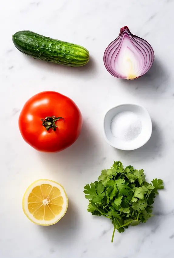 Fresh ingredients for Kachumber Salad including cucumber, tomato, red onion, lemon, and cilantro arranged on a wooden cutting board