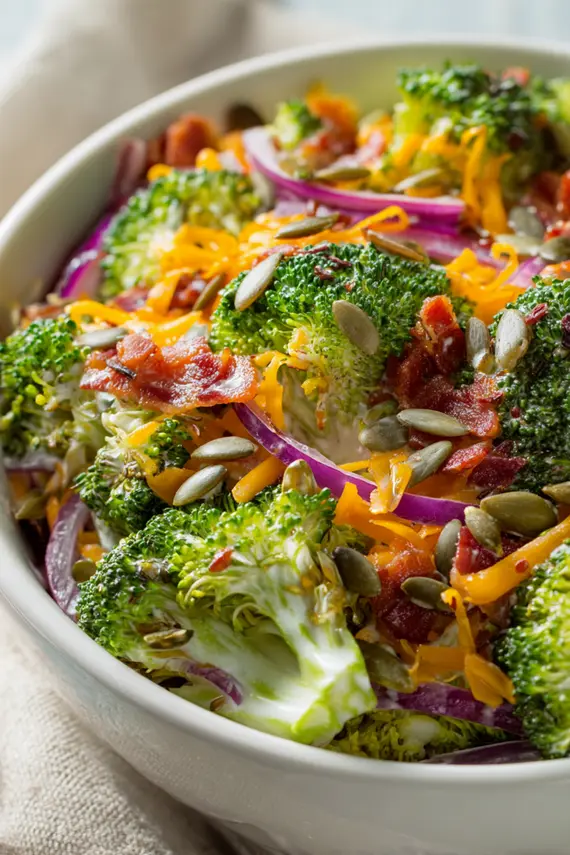 Finished keto broccoli salad with bacon and cheese served in a white bowl, ready to eat