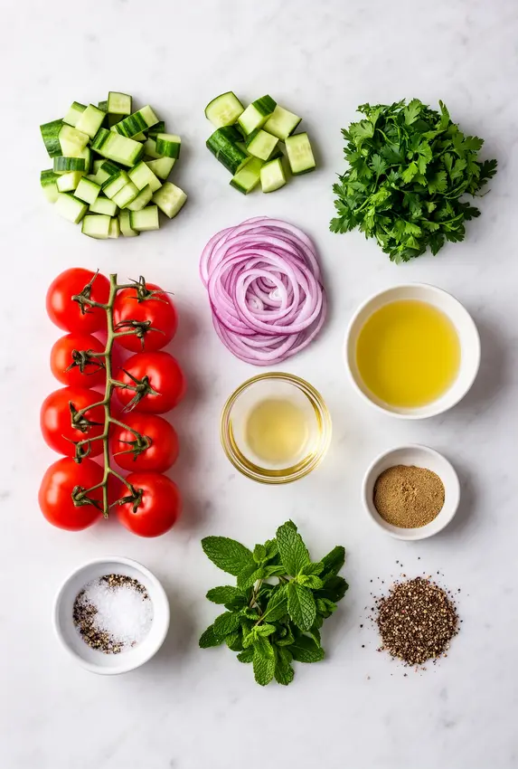 Fresh ingredients for Lebanese salad including cucumbers, tomatoes, herbs, and olive oil arranged on a wooden cutting board