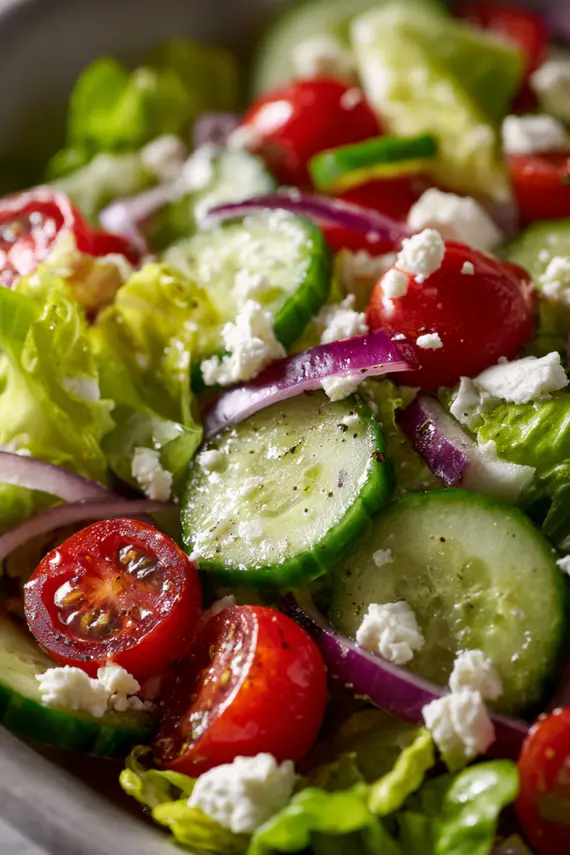 Freshly prepared little gem salad with vibrant vegetables and feta cheese in a serving bowl