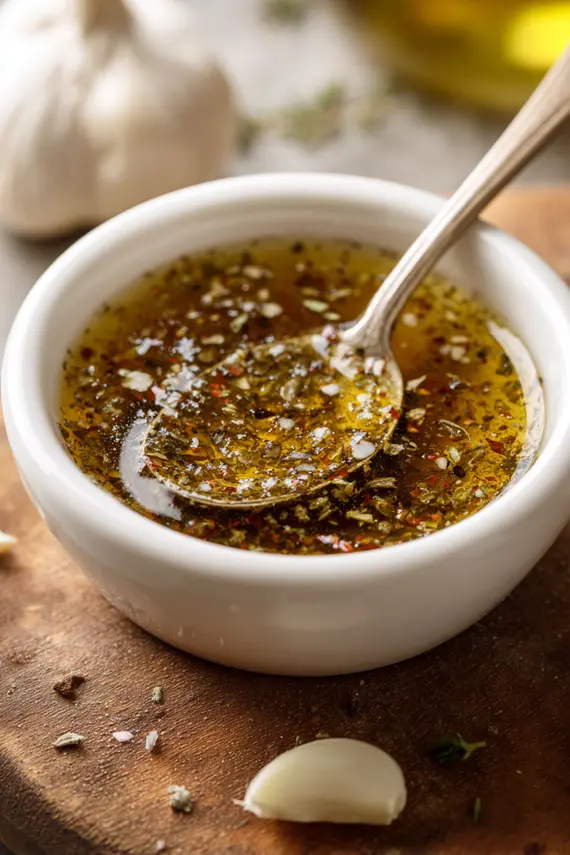 Homemade Mediterranean salad dressing in a glass jar with herbs and lemon