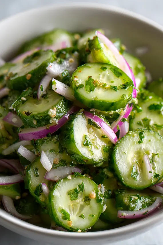Finished Mexican cucumber salad in a white serving bowl garnished with fresh cilantro