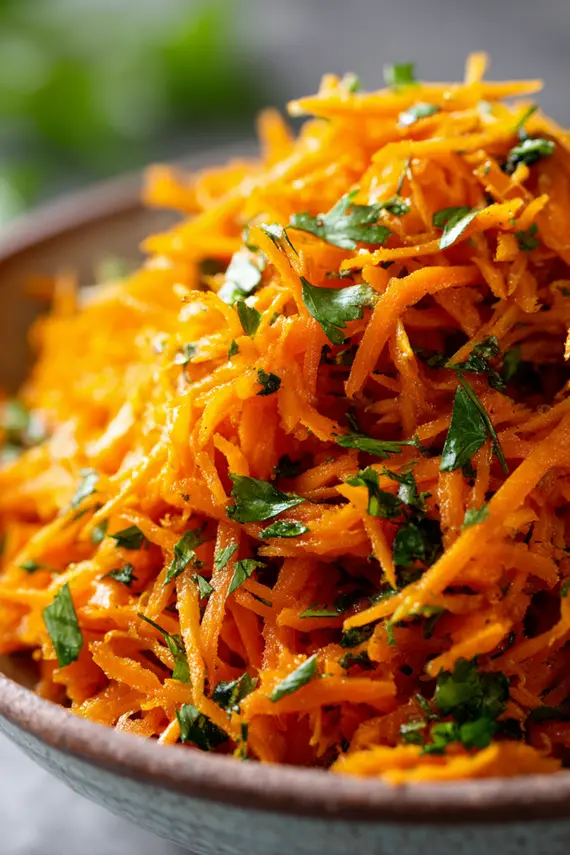 Moroccan carrot salad in a decorative bowl garnished with fresh herbs