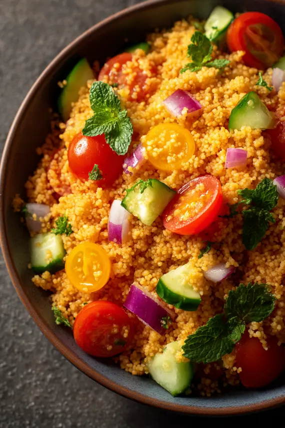 Moroccan salad served in a blue bowl with garnishes
