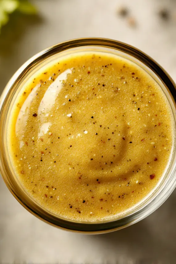Homemade mustard salad dressing in a glass jar with whisk and ingredients surrounding it