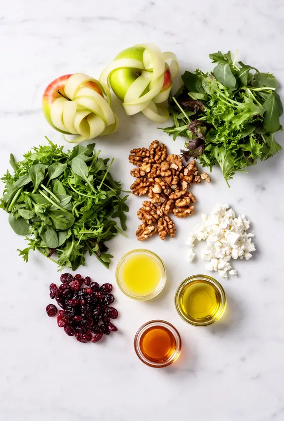 Ingredients for Panera Fuji Apple Salad laid out on a wooden cutting board