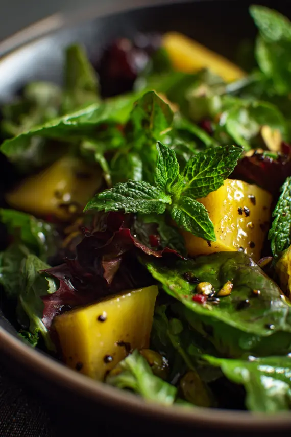 Finished paw paw salad recipe served in a white bowl garnished with mint leaves and pistachios, showing vibrant colors of the tropical fruit salad
