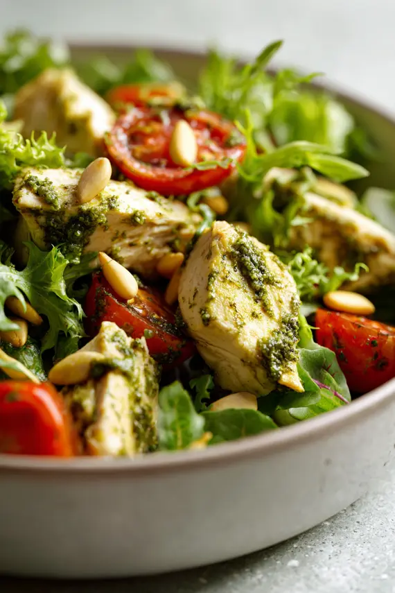 A beautifully plated pesto chicken salad in a white bowl, showing the vibrant green pesto-coated chicken nestled on a bed of mixed greens with cherry tomatoes, pine nuts, and Parmesan cheese