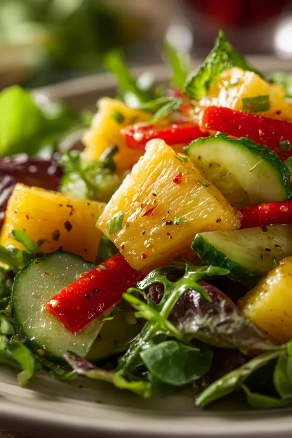 Beautifully plated pineapple salad showing vibrant colors and fresh ingredients in a white serving bowl