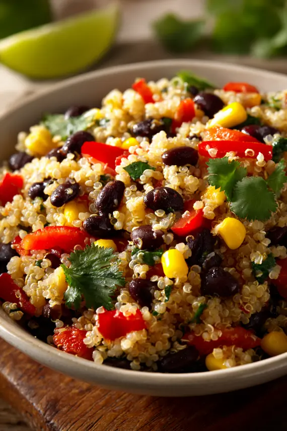 Quinoa and black bean salad served in a white bowl with lime wedges