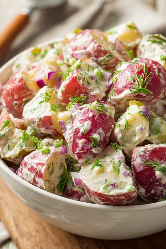 Finished red potato salad served in a bowl with fresh herbs garnish