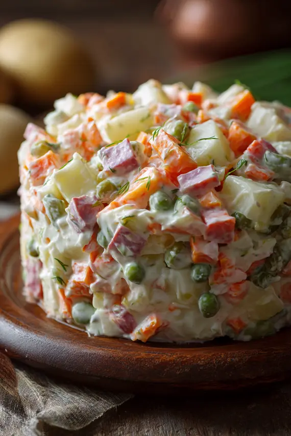 Russian Salad served in a white bowl garnished with fresh dill