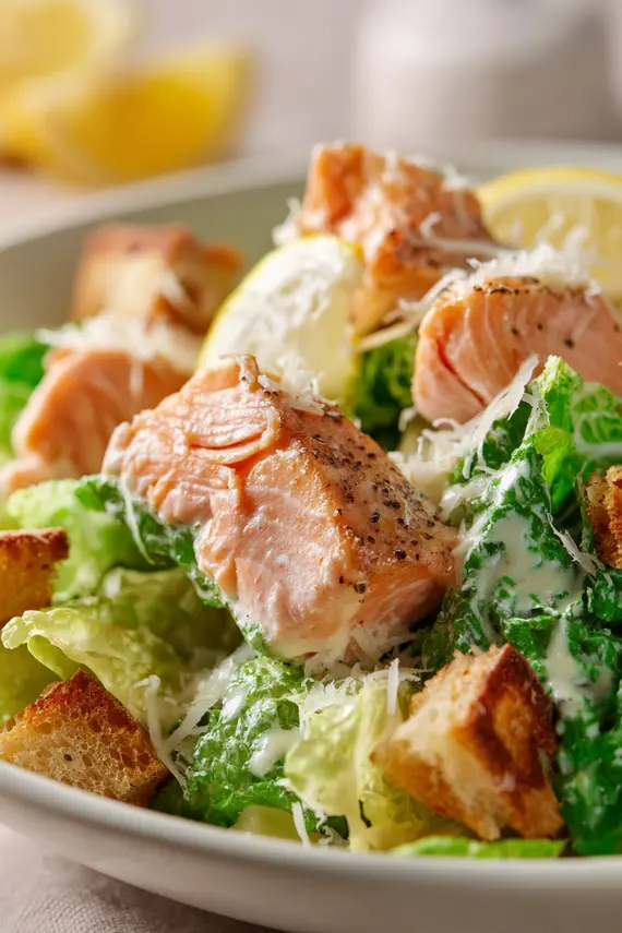 Finished salmon caesar salad served in a white bowl with lemon wedges on the side