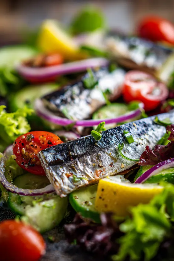 Finished sardine salad in a white bowl garnished with fresh herbs and lemon wedges