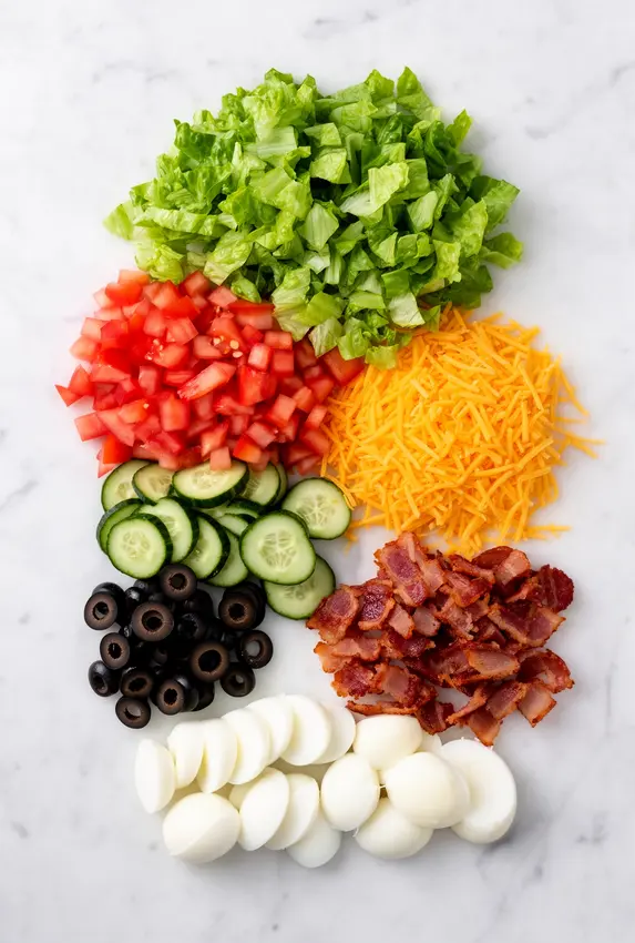 Ingredients arranged for making seven layer salad