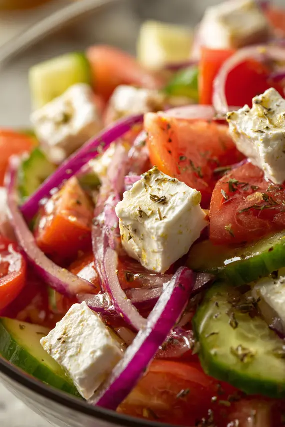 Freshly prepared Shopska Salad in a serving bowl topped with crumbled feta cheese