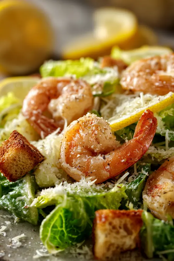 Finished shrimp caesar salad served in a white bowl with lemon wedges on the side
