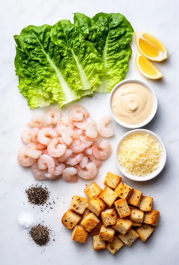 Ingredients for shrimp caesar salad laid out on a wooden cutting board