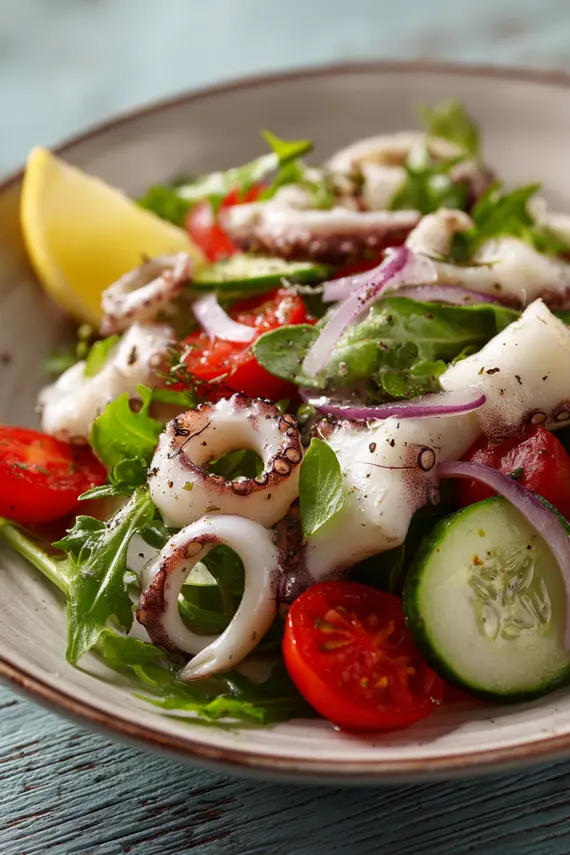 Completed squid salad served on a plate showing the colorful vegetables and tender calamari