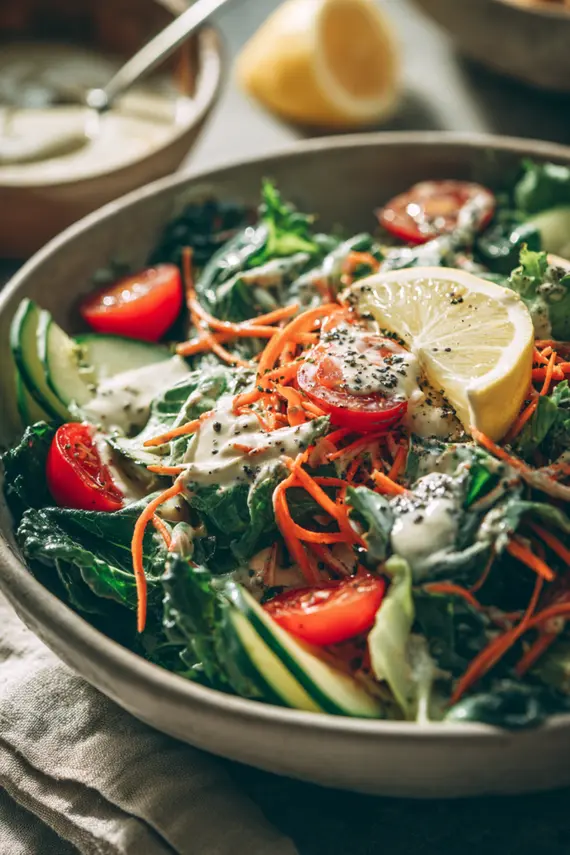 Beautifully plated tahini salad with creamy dressing drizzled over fresh vegetables and garnished with sesame seeds