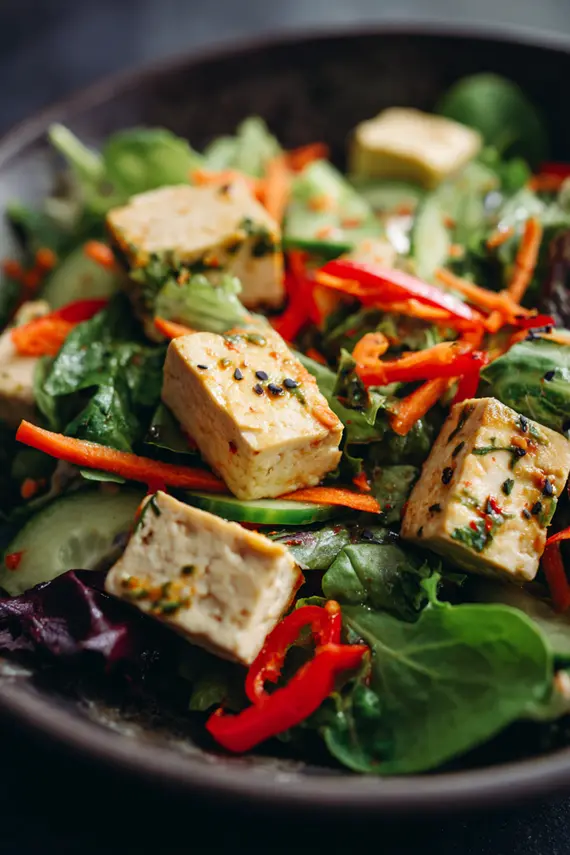 Beautifully plated tofu salad with seared tofu cubes and colorful fresh vegetables