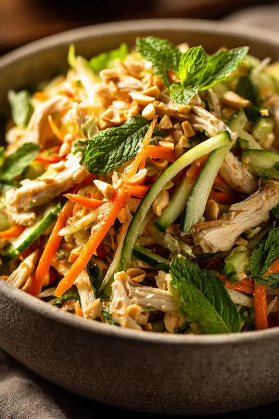 Beautifully plated Vietnamese chicken salad garnished with fresh herbs, chopped peanuts and lime wedges
