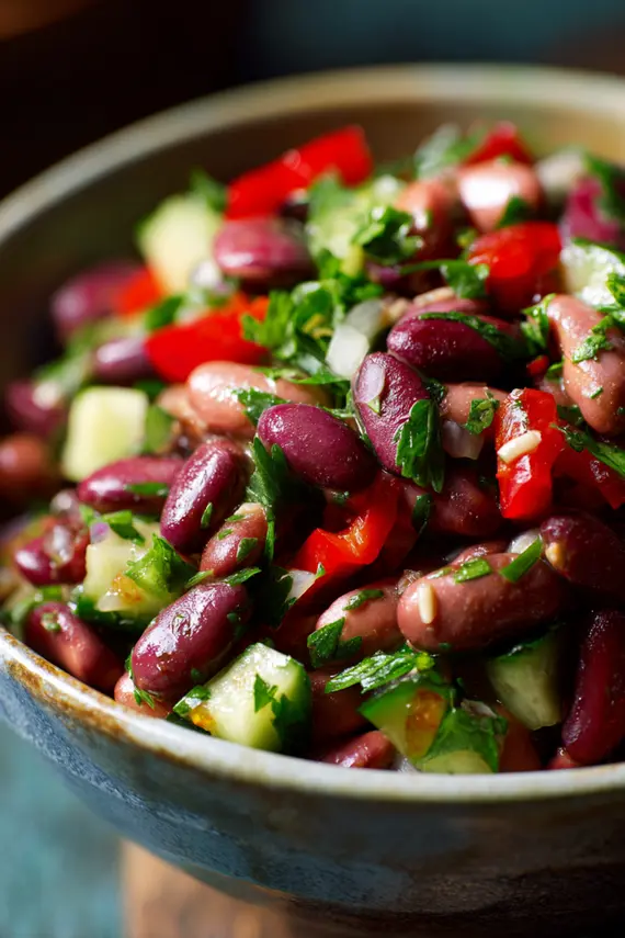 Finished Violet Witchel Dense Bean Salad served in a white bowl garnished with fresh herbs