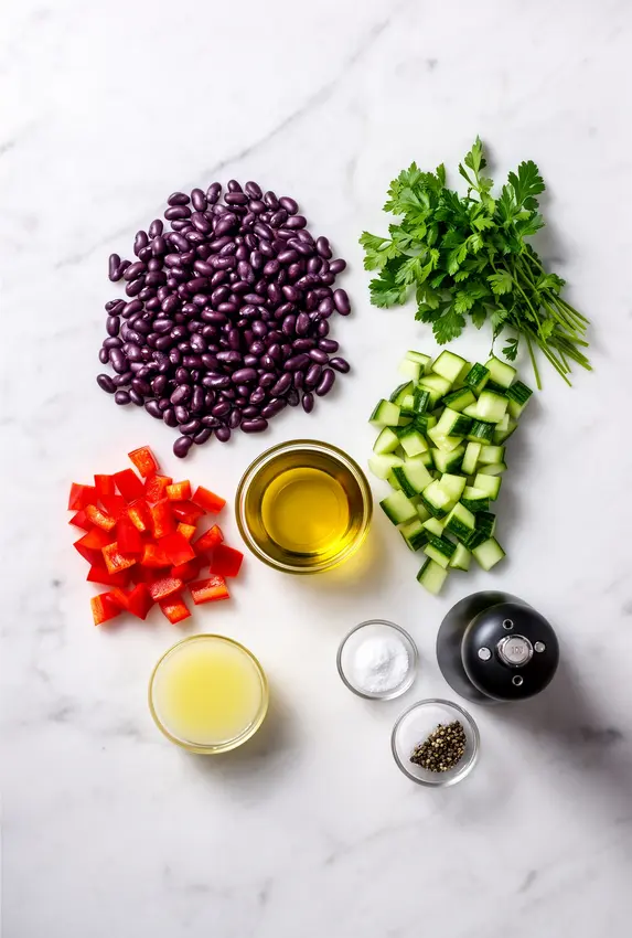 Ingredients for Violet Witchel Dense Bean Salad arranged on a wooden cutting board