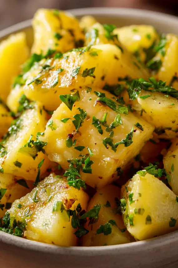 Delicious warm potato salad in a white serving bowl garnished with fresh herbs
