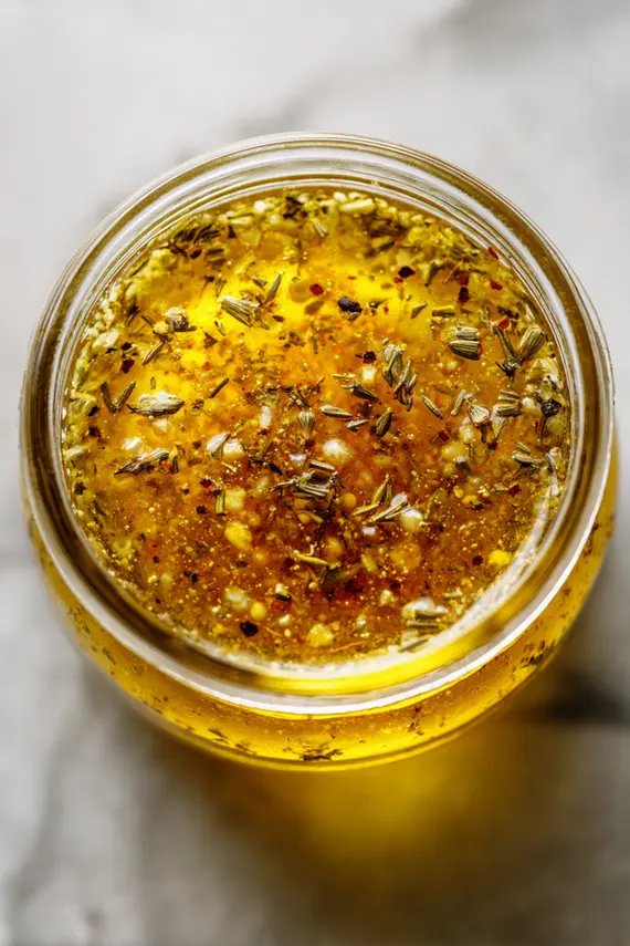 Homemade western salad dressing in a glass jar with herbs and ingredients surrounding it