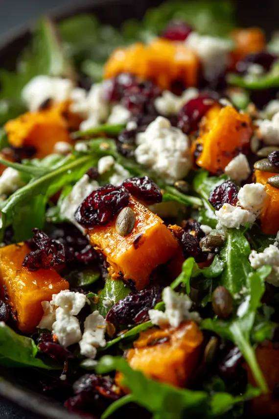 Overhead view of a beautifully plated butternut squash salad with maple vinaigrette being drizzled over the top