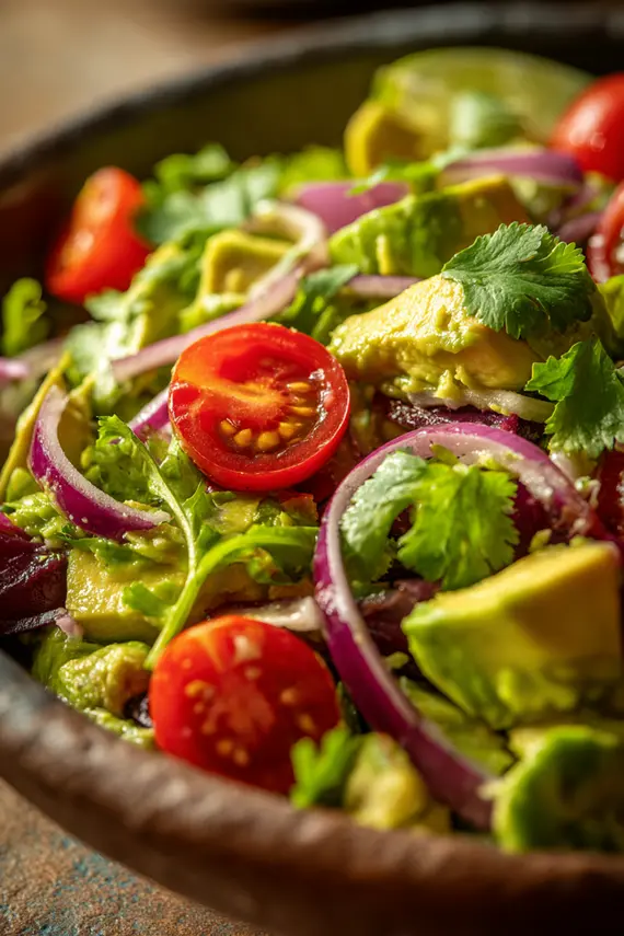 Bowl of fresh guacamole salad with vibrant green avocados, red tomatoes, and herbs against a light background