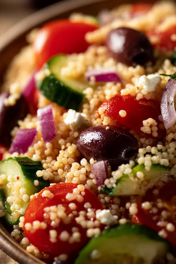 A bowl of Mediterranean couscous salad garnished with fresh herbs