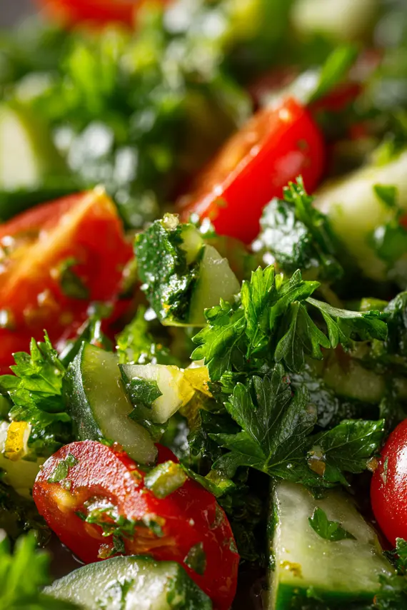 Freshly made parsley salad served in a white bowl, showing the vibrant green parsley mixed with red cherry tomatoes and cucumber pieces