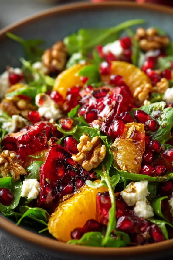 Beautiful pomegranate salad with feta cheese and walnuts served in a white bowl