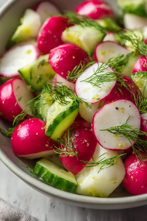 Beautiful plated radish salad with bright colors and fresh ingredients