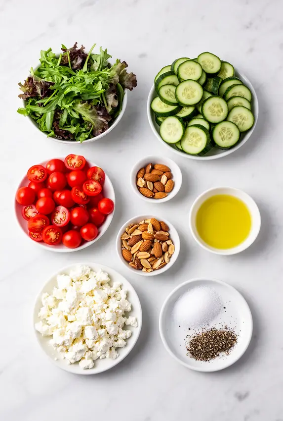 Fresh ingredients for Salad Supreme laid out on a wooden cutting board