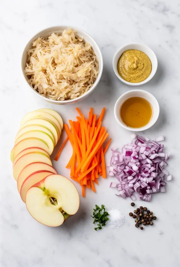 Ingredients for Sauerkraut Salad laid out on a wooden cutting board