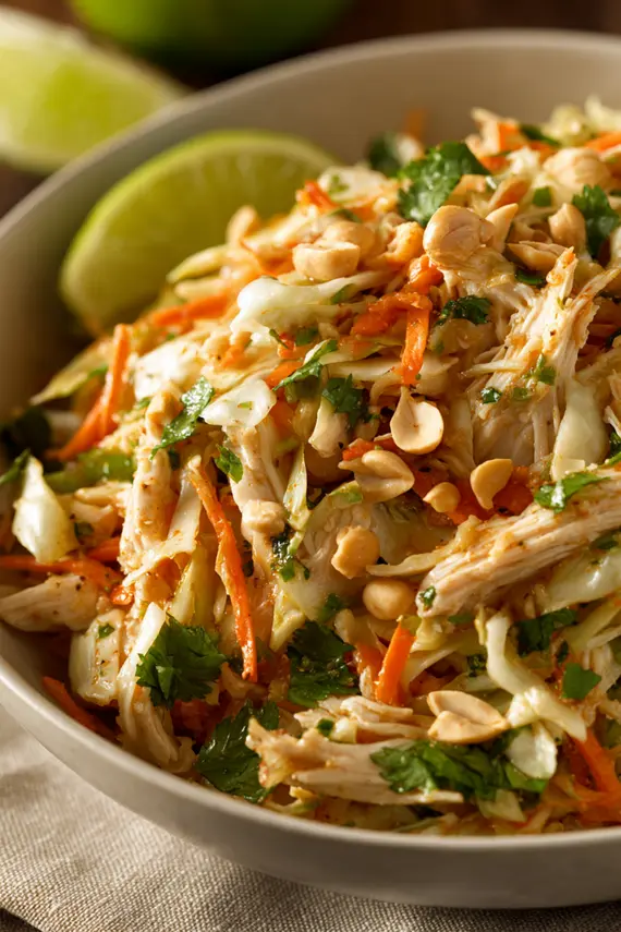 Thai chicken salad served in a white bowl garnished with cilantro, mint leaves and chopped peanuts